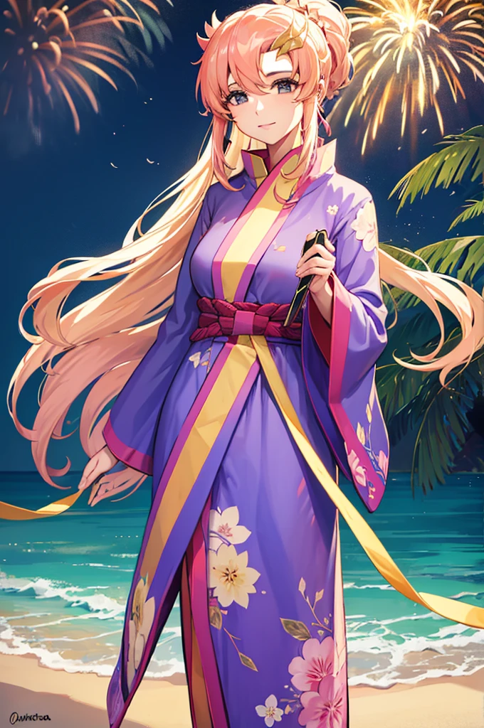 obra prima、Antecedentes com((Fantastic fireworks、starly sky))uma da beleza、Enorme teto、Loira longa、Yukata com alto detalhe e decote profundo、Ombro para fora、Cabelo preso em coque e enfeite de cabelo