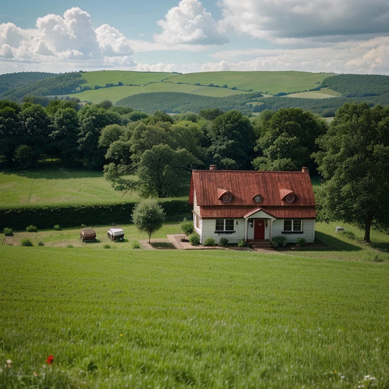 Old small American house with red roof in a green field, in a style of a photo taken with 2004 camera, subliminal space