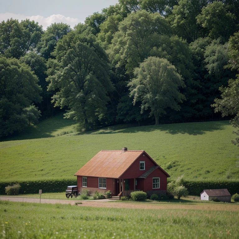 Old small American house with red roof in a green field, in a style of a photo taken with 2004 camera, subliminal space