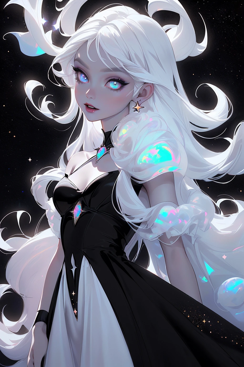 {-erro_de_anatomia:1.0} masterpiece, highest quality, (perfect face:1.1, (high detail)1.1, sweet Alien vampire , long soft white hair, opal eyes, perfectly drawn face, black dress, stars detailed background, prismatic lighting, glitter,  whole body