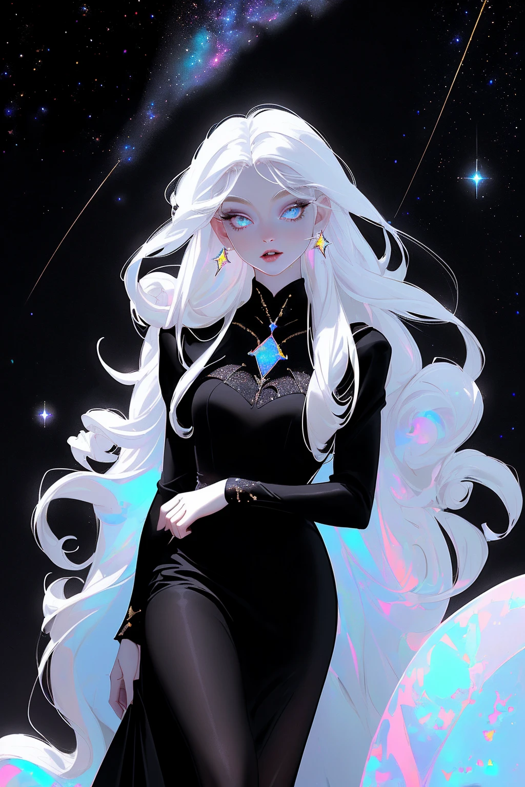 {-erro_de_anatomia:1.0} masterpiece, highest quality, (perfect face:1.1, (high detail)1.1, sweet Alien vampire , long soft white hair, opal eyes, perfectly drawn face, black dress, stars detailed background, prismatic lighting, glitter, whole body, walking feet under the stars