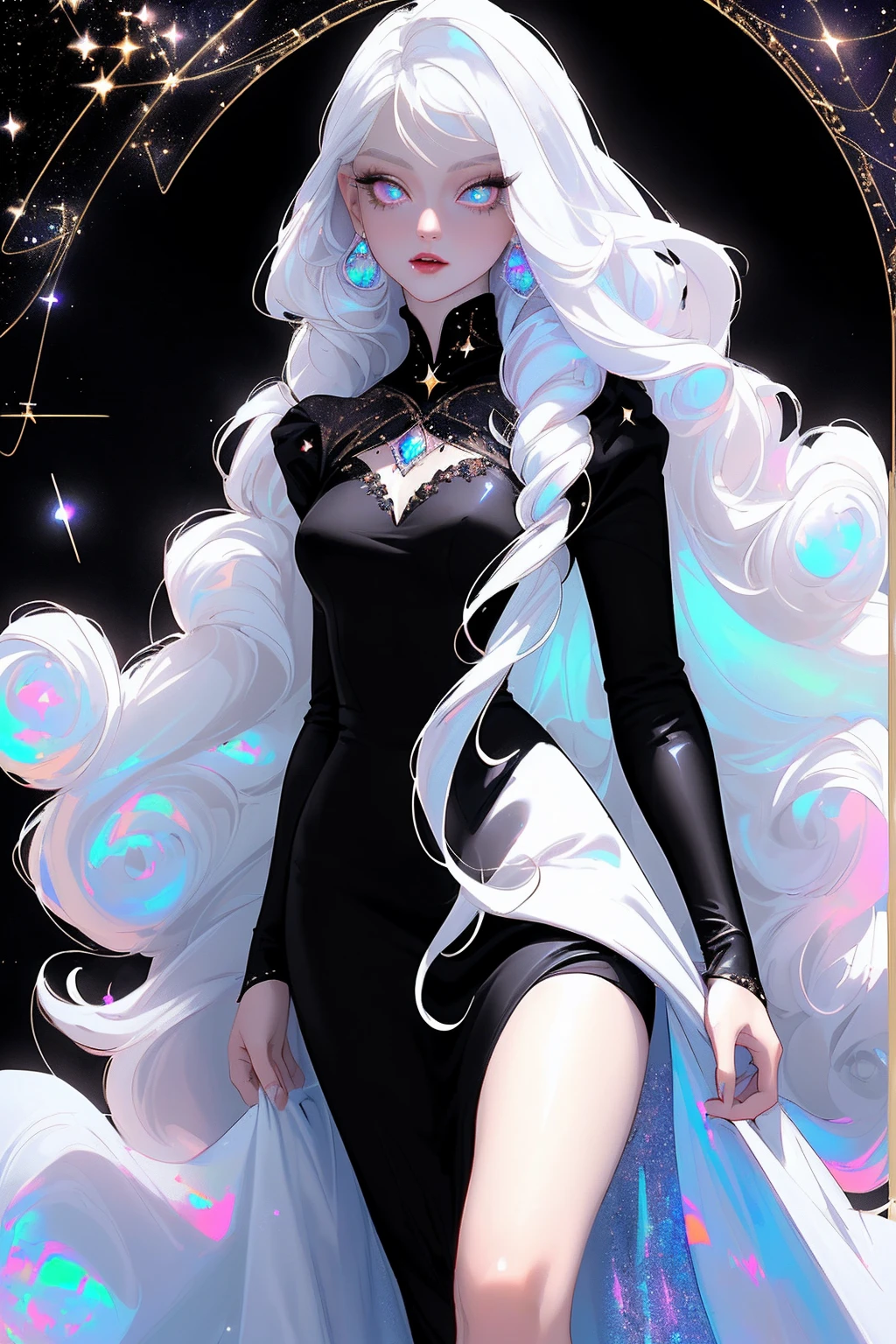 {-erro_de_anatomia:1.0} masterpiece, highest quality, (perfect face:1.1, (high detail)1.1, sweet Alien vampire , long soft white hair, opal eyes, perfectly drawn face, black dress, stars detailed background, prismatic lighting, glitter, whole body, walking feet under the stars