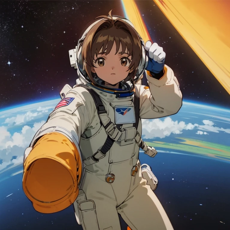 crear mujer astronauta, Cabello largo, brown eyes, brown hair, , Spacesuit, sin casco, sin mochila, estilo de dibujo anime, ultra detallado