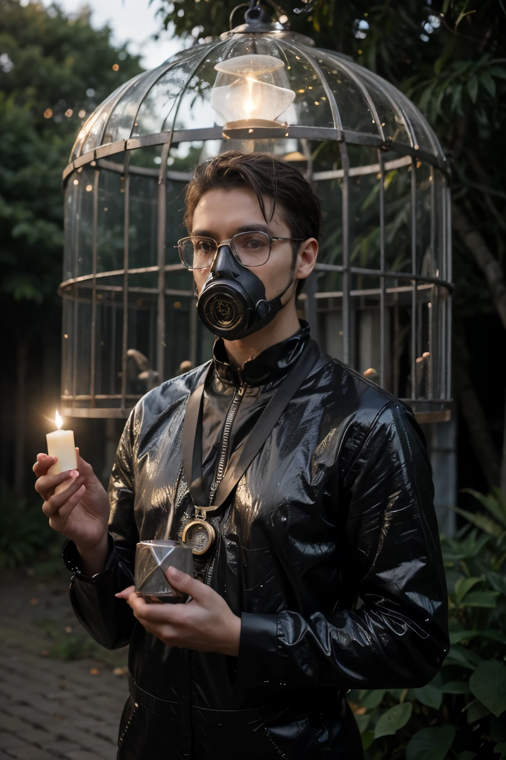 Man with futuristic gas mask (square glasses) (segurando chave dourada) key and lock bird cage forest mushrooms (cogumelos) cristais  vidro fogo velas livros e cactos flutuando lua escura leds magia,  black clothing silver gray arabic letters magic floating fractals man opening portal wizards (liquid vapors) birds wide sky