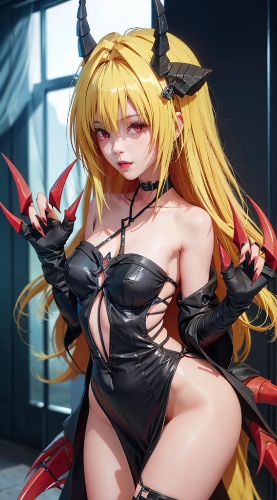 DarknessLora, blonde hair, red eyes, very long hair, horns, claws, choker, hair intakes, bare shoulders, revealing clothes, child