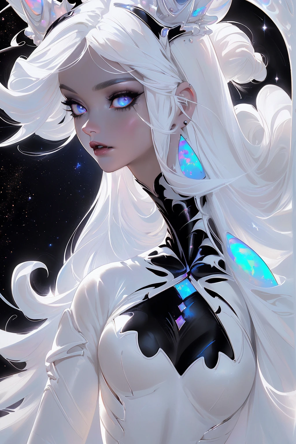 {-erro_de_anatomia:1.0} masterpiece, highest quality, (perfect face:1.1, (high detail)1.1, sweet Alien vampire , long soft white hair, opal eyes, perfectly drawn face, black dress, stars detailed background, prismatic lighting, glitter, whole body, walking feet under the stars