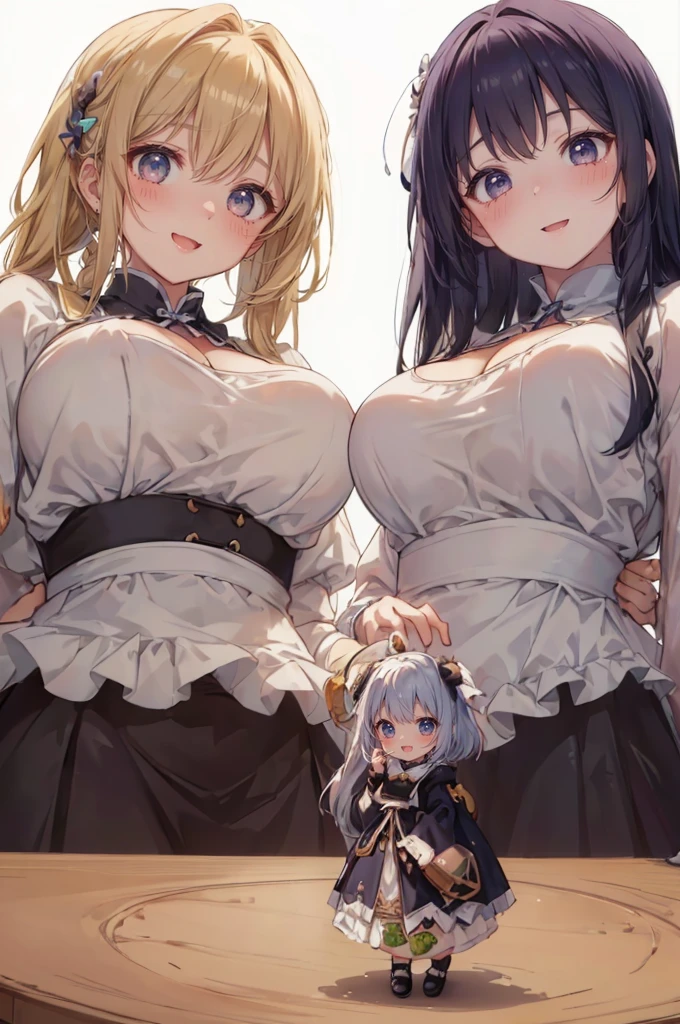 simple background, (3girls:1.8), (height_difference:1.8), (size_difference:1.5), (modern restaurant:1.3), (collarbone), (giantess:1.5), (foreshortening: 1.1), (adult woman: 1.4), elegant hair, (maid uniform), (multiple girls eating food on a tiny table: 1.5), (from sky view: 1.1), (crowds of people: 1.5), (minigirl), (tall girl: 1.1), professionally drawn, (huge breasts), (cleavage sweat), (anime drawing:1.1), (simple bold lines: 1.1), (anime:1.1), (very cute anime girl), (bright), (low contrast), (prettiest teenage girl), (mature face: 1.4), (tall girl with big breasts: 1.2),