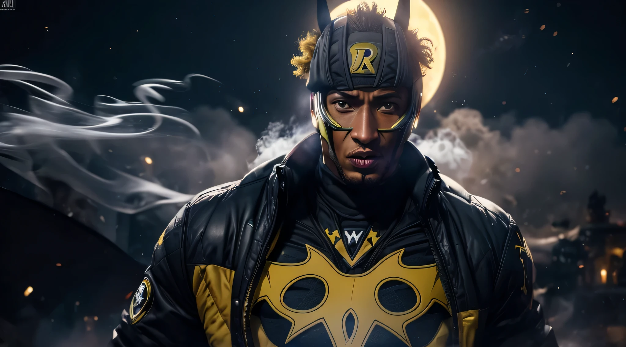 Batman (highest detail fight realistxplosion,fire:1.2), (smoke:1.4), menacing stare, ricamente detalhado, Hiper realista, 3D-rendering, obra-prima, NVIDIA, RTX, ray-traced, Bokeh, Night sky with a huge and beautiful full moon, estrelas brilhando, 8k, (((pierre-emerick aubameyang))), ((cinematic light)),