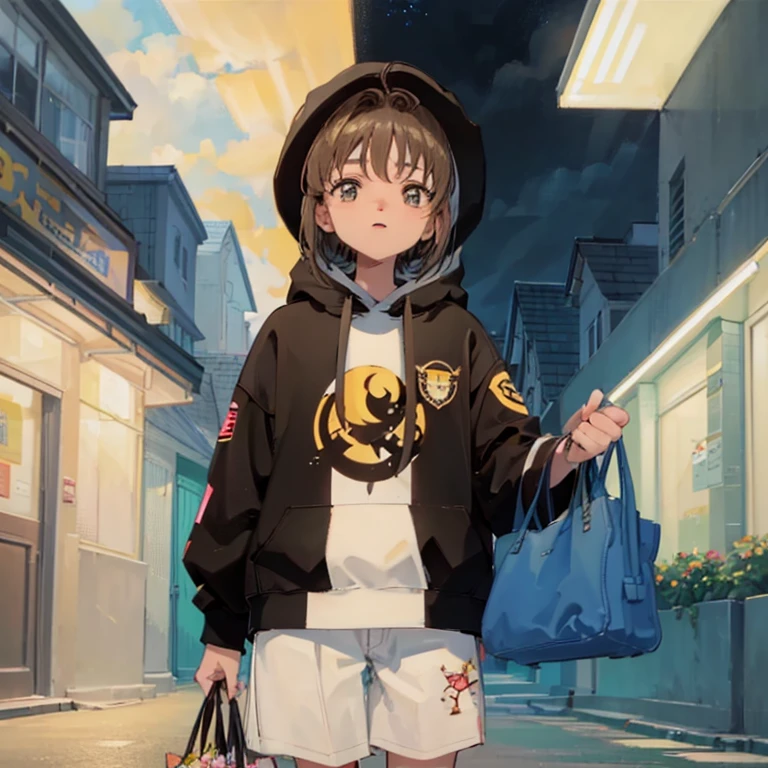 crear mujer astronauta, Cabello largo, brown eyes, brown hair, ,Oversized hoodies、auriculares、calle、Al aire libre、Lluvia por la noche、Neones, sin mochila, estilo de dibujo anime, ultra detallado