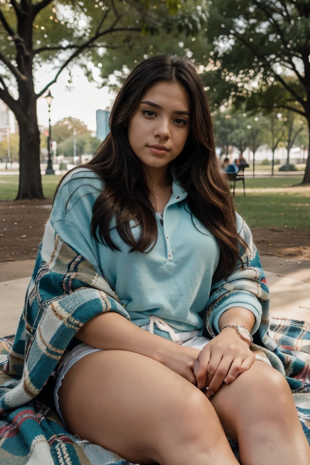 8k, highest quality, ultra details, hispanic girl, Outside in a park, surrounded by cozy blankets and snacks, relaxation and entertainment.