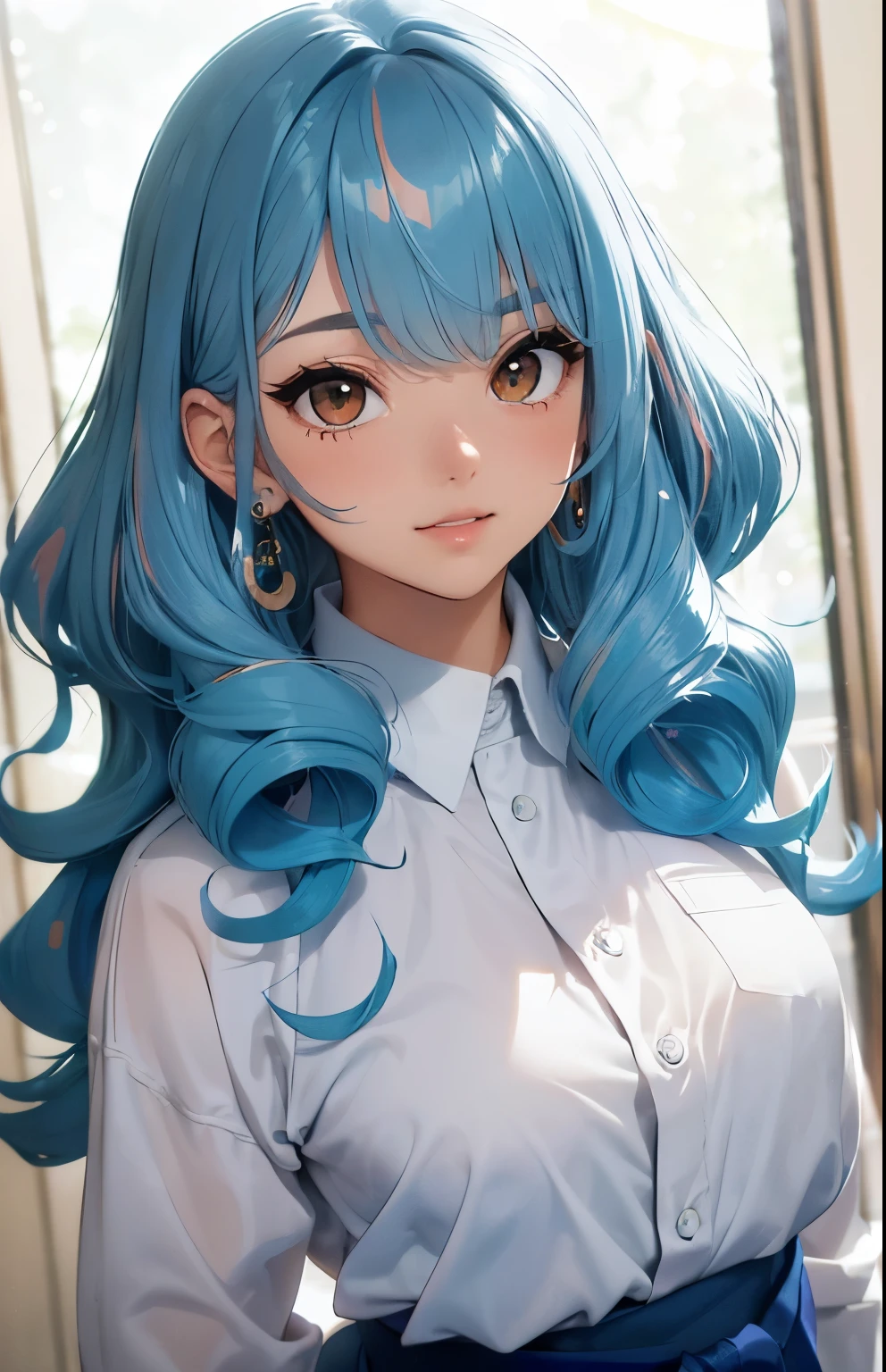 (upper body photos), mature, chubbiness, Nice face, Highly Detailed Face and Skin Textur, (Detailed eyebrows, 二重まぶた, tthin eyebrows, glitter eyeliner: 1.2, Natural cheeks, Glowing and radiant skin, Fair skin, (((Wear it with a shirt))), (shiny lip: 1. 4), (energetic smile), (50 years sold), (curlies, diagonal bangla and blue hair)),mid - length hair, ((upper body shot)), ((focus and face)), , upturned, Cute ukiyo-e,