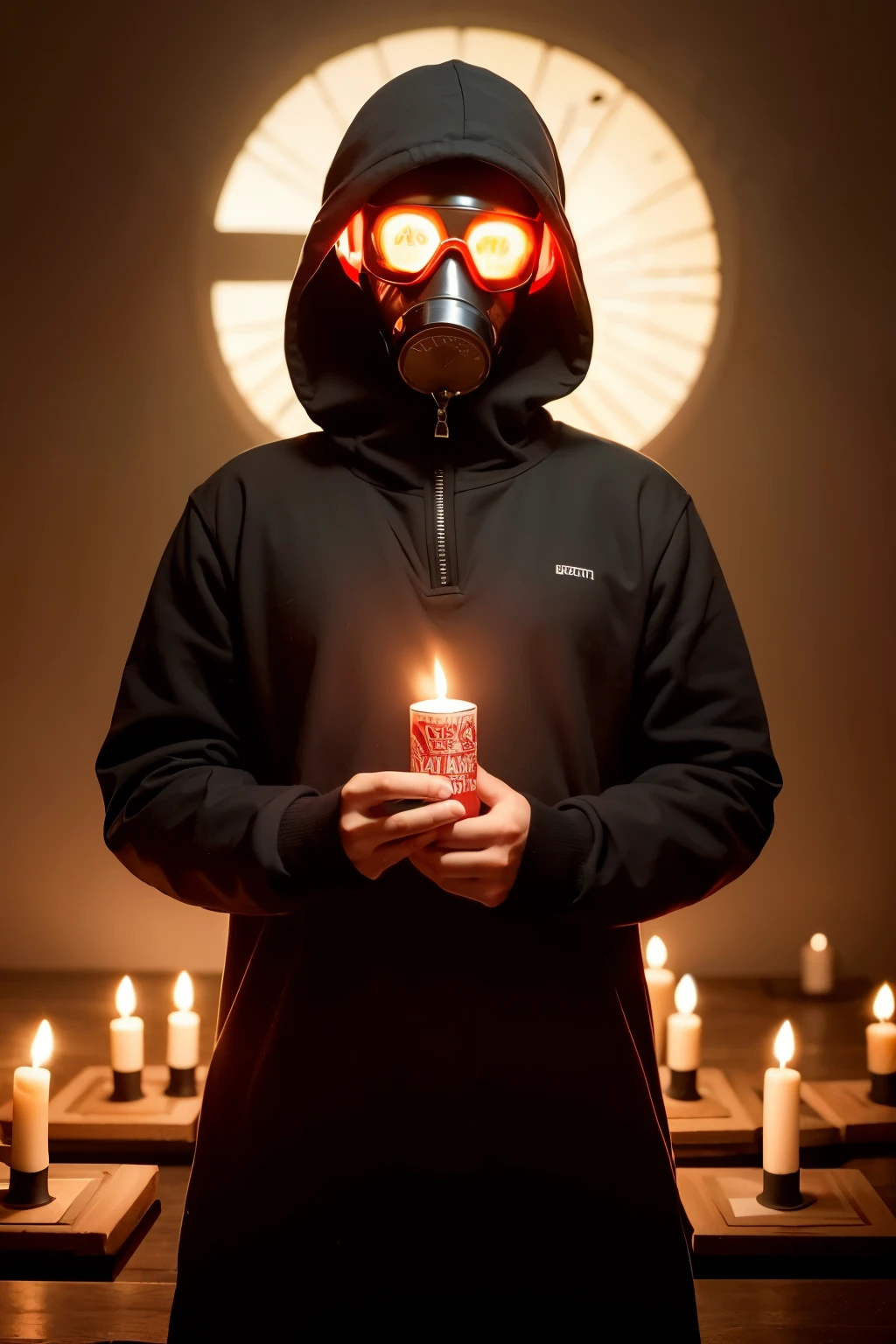 dark boy hood and gas mask (square led sunglasses), preto metalizado (cabelo curto), expression of strength, Standing, musculoso, forte, floresta para (visitas sala) with runes drawn on the walls in red many colorful candles mushrooms and books forest birds mushrooms floating dark moon LEDs night dark, alto contraste, black clothing gray logos arabic letters magic floating fractals
