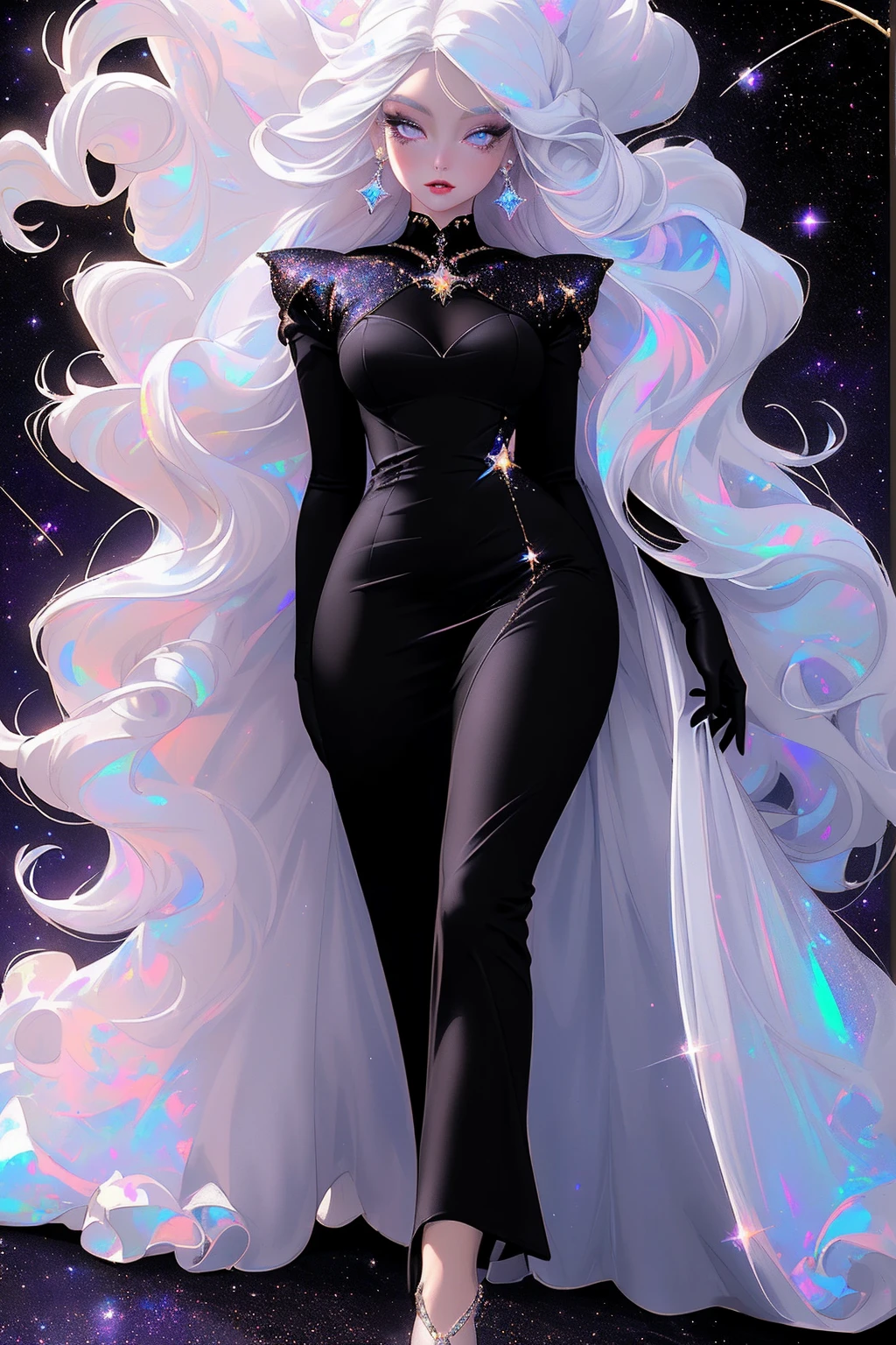 {-erro_de_anatomia:1.0} masterpiece, highest quality, (perfect face:1.1, (high detail)1.1, sweet stardust vampire , long soft white hair, opal eyes, perfectly drawn face, black dress, stars detailed background, prismatic lighting, glitter, whole body, walking feet under the stars
