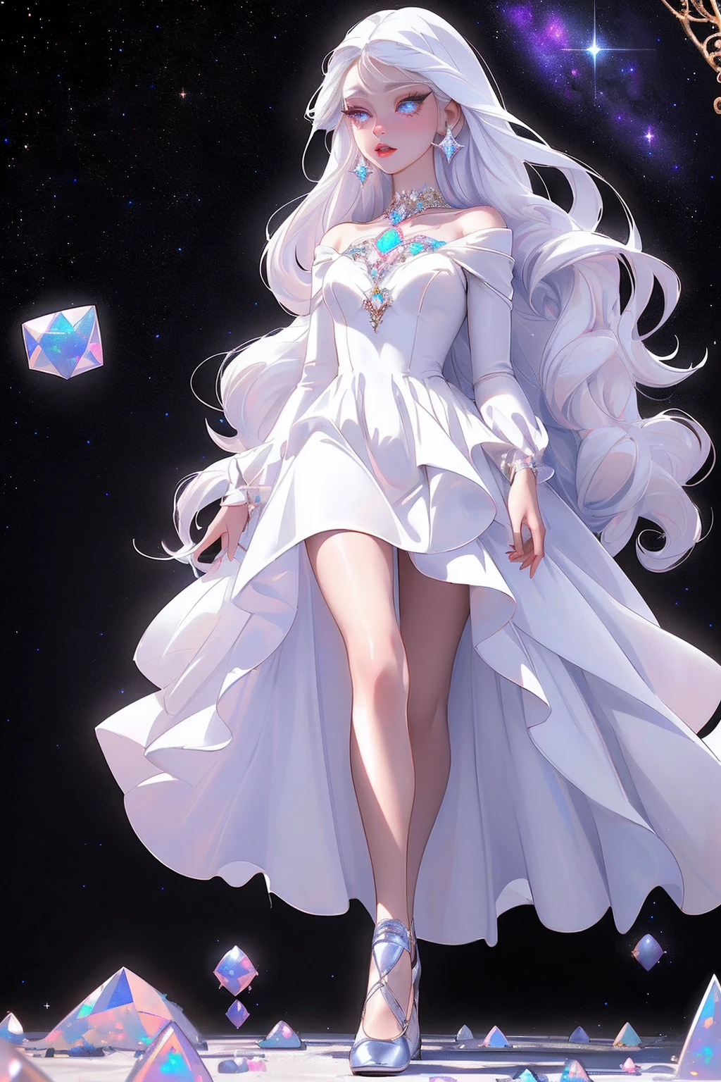 {-erro_de_anatomia:1.0} masterpiece, highest quality, (perfect face:1.1, (high detail)1.1, sweet stardust vampire , long soft white hair, opal eyes, perfectly drawn face, black dress, white background, prismatic lighting, glitter, whole body, cristal shoes, walking feet under the stars