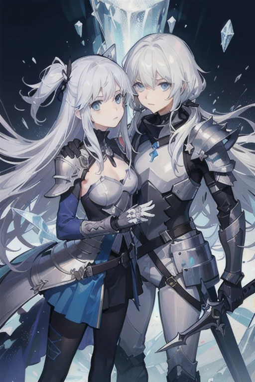 A long silver-white hair,Girl with crystal blue eyes,She wore a tights that looked like a combat suit,Places such as wrists and knees are hard-looking armor,face expressionless,There is no emotion in the eyes,Icy cold,Light and dark twins,A long black sword,A long white sword,