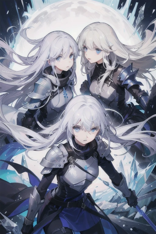 A long silver-white hair，Girl with crystal blue eyes，She wore a tights that looked like a combat suit，Places such as wrists and knees are hard-looking armor，face expressionless，There is no emotion in the eyes，Icy cold，Light and dark twins，A long black sword，A long white sword,