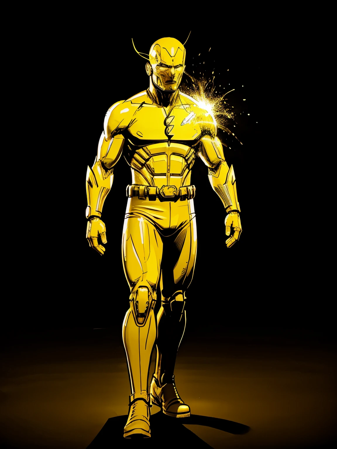 arafed man in a yellow and red costume standing in the dark, wearing red and yellow hero suit, flash image, character from mortal kombat, the flash, 8k render”, full body close-up shot, yellow flash, render octane, striking pose, full frame shot, cyclops, cinematic full shot, inspired by Zoltan Boros, unbiased render