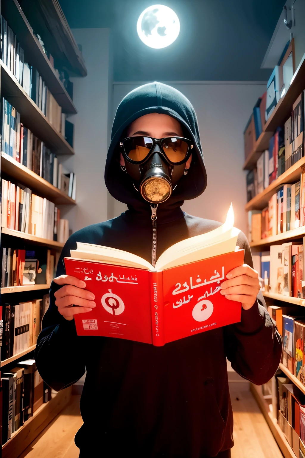 dark boy hood and gas mask (square led sunglasses), preto metalizado (cabelo curto), expression of strength, Standing, musculoso, forte, floresta para (visitas sala) with runes drawn on the walls in red many colorful candles mushrooms and books forest birds mushrooms floating dark moon LEDs night dark, alto contraste, black clothing gray logos arabic letters magic floating fractals magic floating vapors