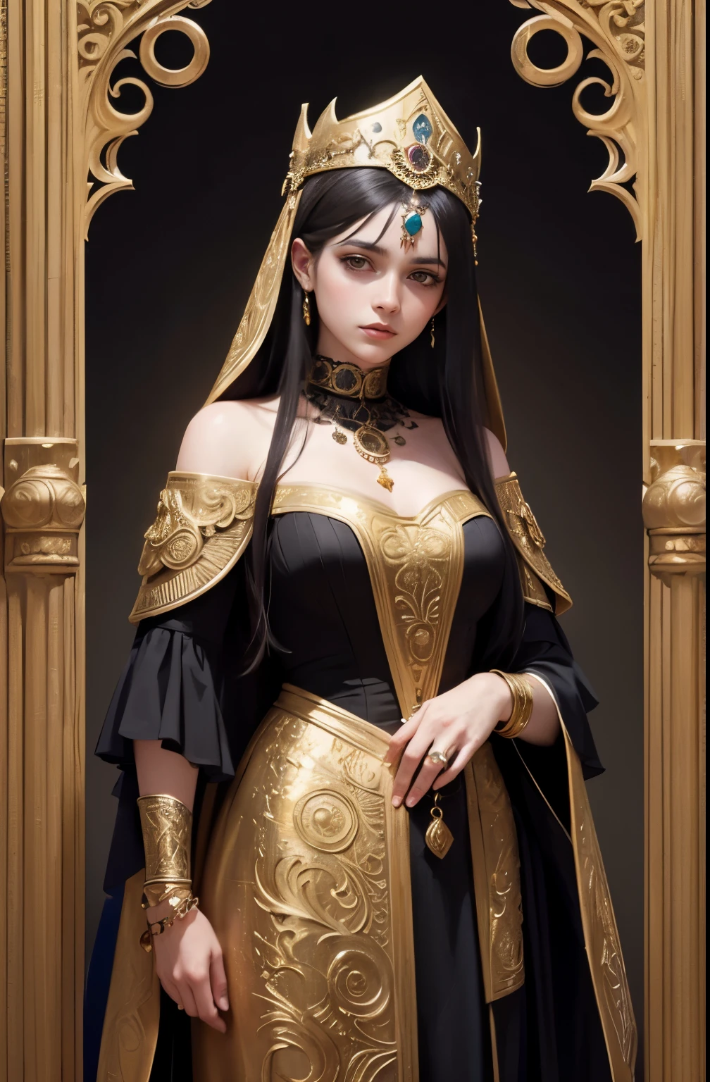 ((masterpiece)), (best quality), (cinematic), a Auguste Toulmouche young beautiful woman in a black dress and gold jewelry, gothic art, centered headdress, holy armor, alter, she is dressed in shaman clothes, immaculate complexion, fashion model , stunning details, encrusted with jewels, wearing an ornate outfit