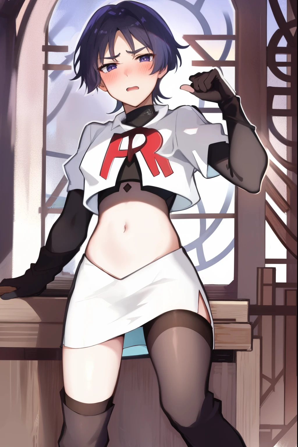 absurdres,masterpiece, trap, best quality, highres, high quality, 1boy, solo, male focus, hair, crossdressing,1boy,team rocket,team rocket uniform,white skirt,red letter R,crop top,black thigh-high boots,black elbow gloves, embarrassed, blush