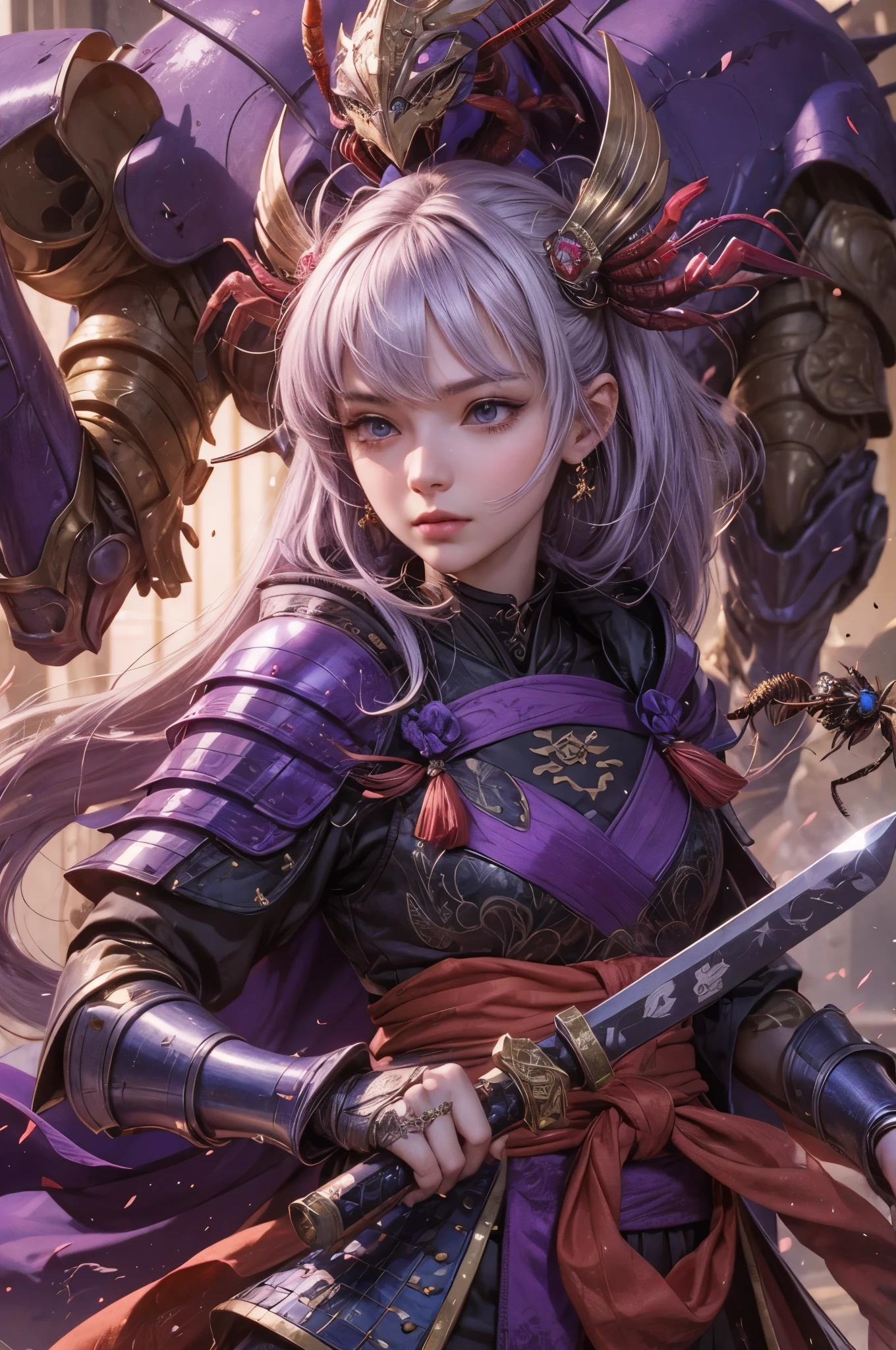 (Detailed illustrations,Very detailed and detailed drawing,Delicate lines with slow and rapid,Realistic texture expression),[Color tressed main line],(Fantasy World Battlefield Background [Burning castle]),(GIRL ROBOT 16yo (purple scorpion[METALFACE]) (SKINNY)) [WEAPON MACHINE],((NINJA Sengoku Armor))[stall],[[poisonous scorpion pattern]],[Use a ninja sword as a weapon],[[Mobile Weapon Gigant Size][Science Fiction Mechanical]],[Clear purple translucent shell that covers the body surface],(Intricate and beautiful decoration [Dense detail]),[Transparency],(Precisely drawn face)[完璧な目のdetaileds(Iris beautifully drawn in every detail)[Jewel-like eyes]],[long and beautiful eyelashes],[Meticulously drawn hair [美しく艷やかな髪のdetaileds]],(完璧な手のdetaileds [Beautiful fingers without breakdowns [Beautiful nails]]),(Perfect ???????(Perfectly proportioned))[[Full body like]],[Ideal color coordination(Accurate simulation of light-material interactions)],([Precision Detail](detaileds,high-detail)),[Visual art that conveys a sense of narrative].