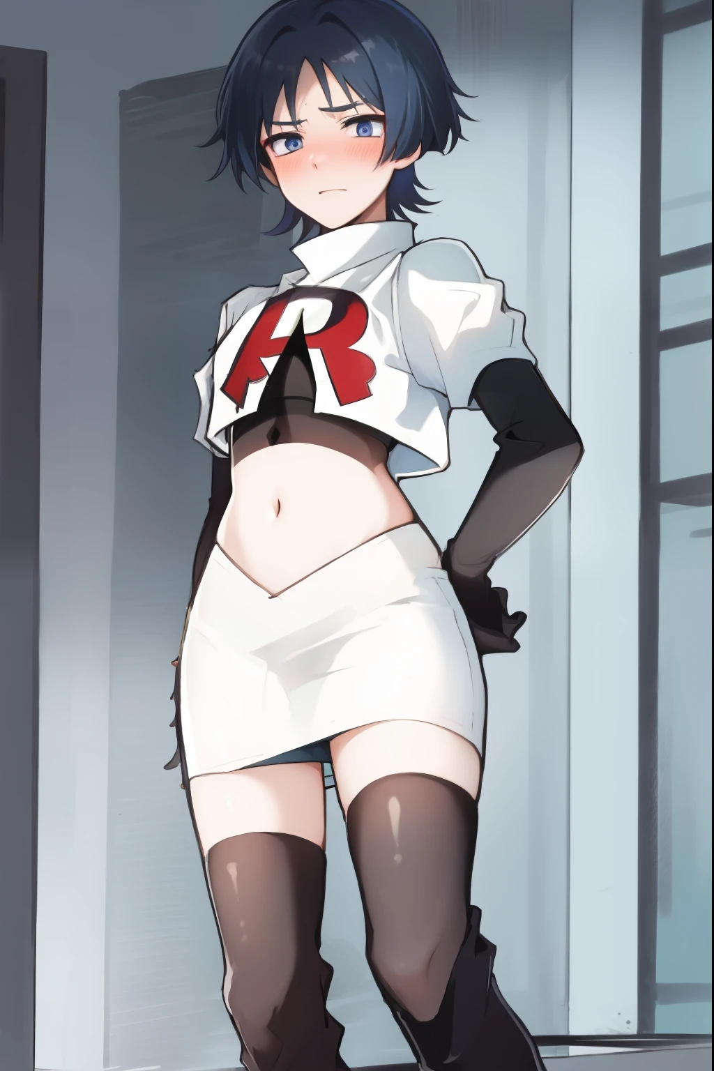 absurdres,masterpiece, trap, best quality, highres, high quality, 1boy, solo, male focus, hair, crossdressing,1boy,team rocket,team rocket uniform,white skirt,red letter R,crop top,black thigh-high boots,black elbow gloves, embarrassed, blush