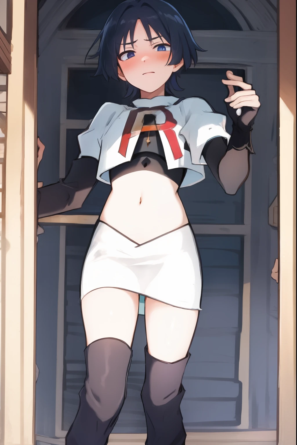 absurdres,masterpiece, trap, best quality, highres, high quality, 1boy, solo, male focus, hair, crossdressing,1boy,team rocket,team rocket uniform,white skirt,red letter R,crop top,black thigh-high boots,black elbow gloves, embarrassed, blush