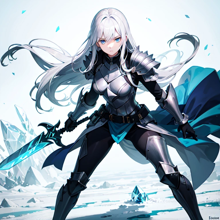 A long silver-white hair,Girl with crystal blue eyes,She wore a tights that looked like a combat suit,Places such as wrists and knees are hard-looking armor,face expressionless,There is no emotion in the eyes,Icy cold, A long black sword,A long white sword,