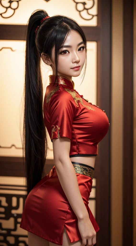 masterpiece, best quality, 8k, hires, detailed, 1girl, mature,detailed skin texture,black hair,long hair,pony tail,huge breast, half body, detailed face, cute face, young face, pure face,detailed red chinese dress,sexy deep side slit,tight short skirt,dragon, shenron in the background, Shenron,