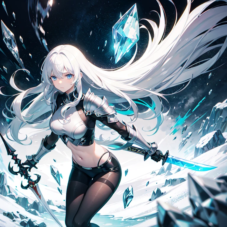 A long silver-white hair,Girl with crystal blue eyes,She wore a tights that looked like a combat suit,Places such as wrists and knees are hard-looking armor,face expressionless,There is no emotion in the eyes,Icy cold, A long black sword,A long white sword, exposed belly