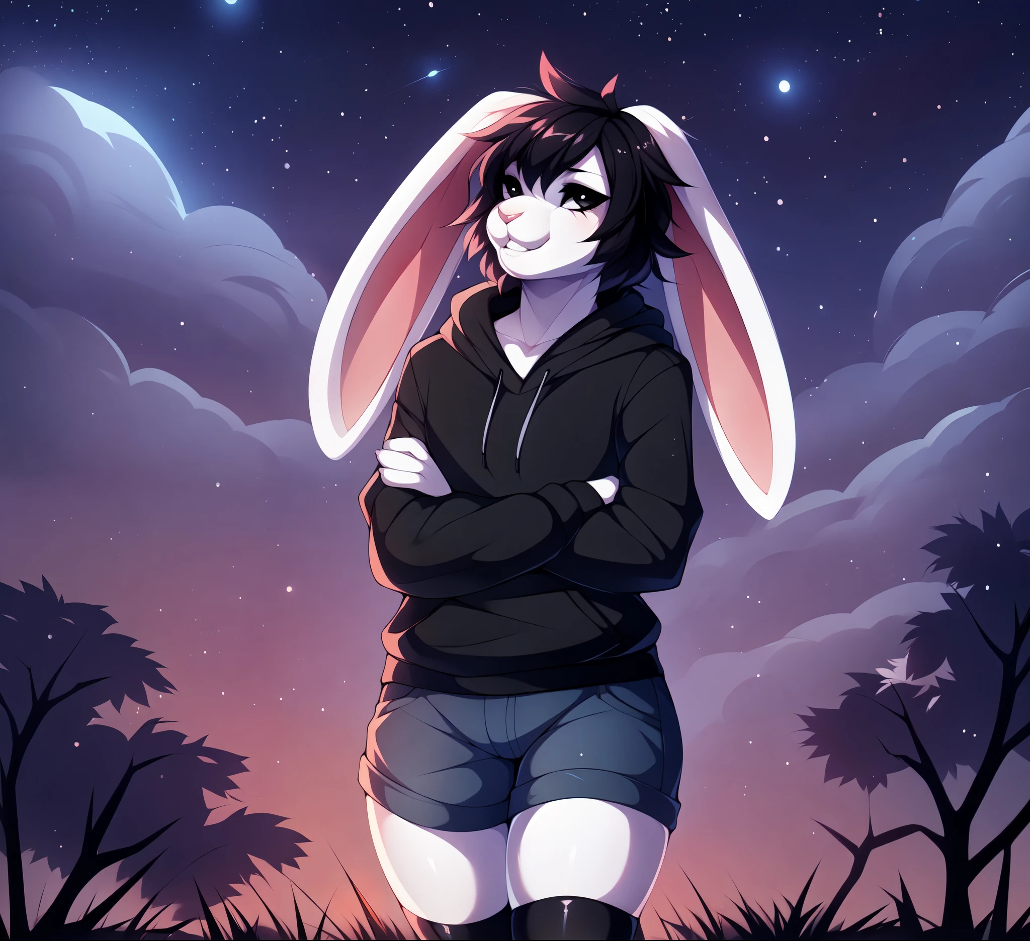 Sadie, solo, cute white lop rabbit, small cute snout, emo black hair, dark grey eyes, white sclera, floppy rabbit ears, (ears drooping down):1.3, wearing black hoodie, jean shorts, standing, hands in pockets, (looking up at the sky):1.3, chin up, by fumiko, by hyattlen, by hioshiru, on a grassy hill, cell shading, nighttime, upper body shot, portrait