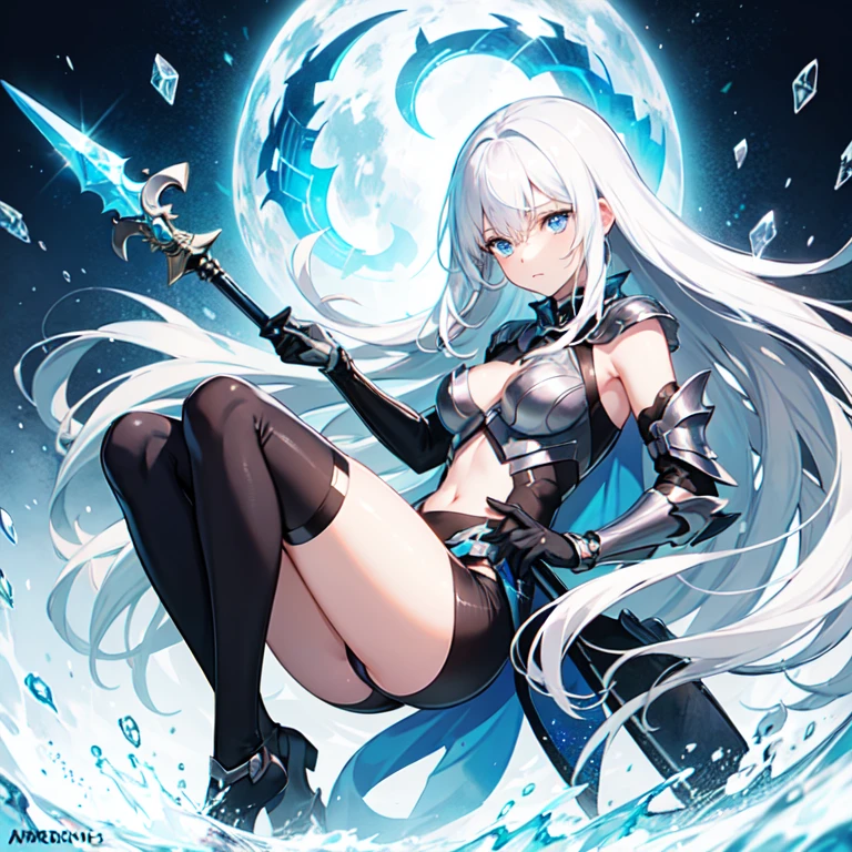 A long silver-white hair,Girl with crystal blue eyes,She wore a tights that looked like a combat suit,Places such as wrists and knees are hard-looking armor,face expressionless,There is no emotion in the eyes,Icy cold, A long black sword,A long white sword, exposed belly