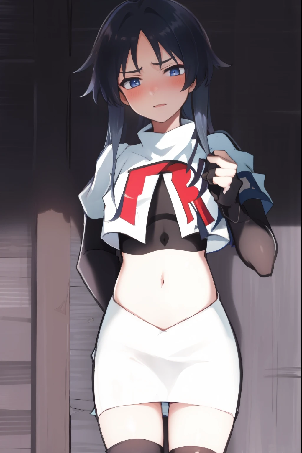 absurdres,masterpiece, trap, best quality, highres, high quality, 1boy, solo, male focus, hair, crossdressing,1boy,team rocket,team rocket uniform,white skirt,red letter R,crop top,black thigh-high boots,black elbow gloves, embarrassed, blush