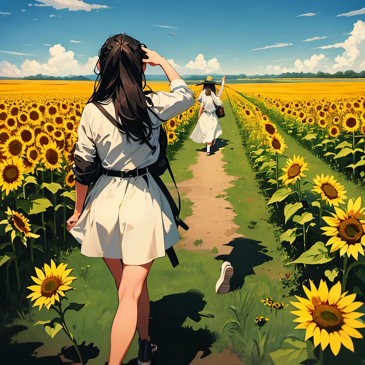 A masterpiece image of a girl in an open field, walking and one airplane (((P-51 Mustang))) passing over her head, 1944, sunflower field, view from below and from her back