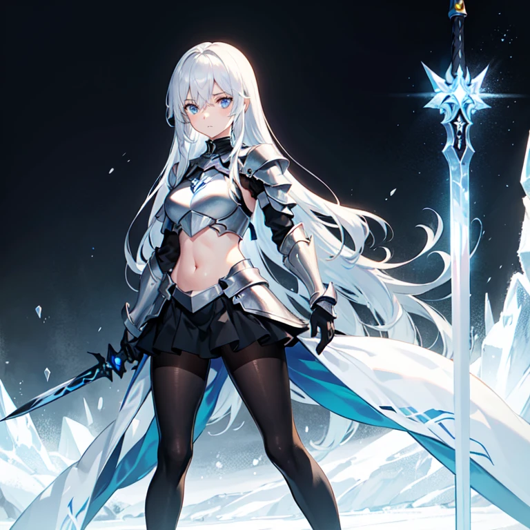 A long silver-white hair,Girl with crystal blue eyes,She wore a tights that looked like a combat suit,Places such as wrists and knees are hard-looking armor,face expressionless,There is no emotion in the eyes,Icy cold, A long black sword,A long white sword, exposed belly