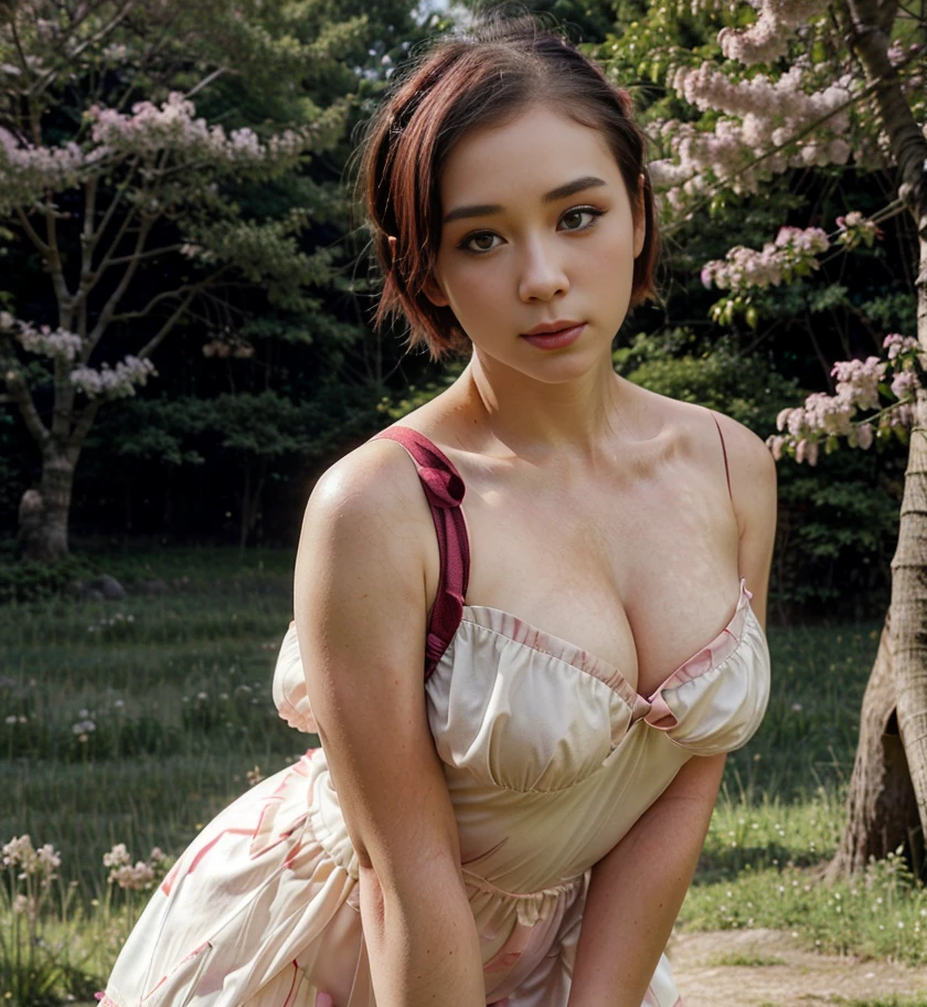 Portrait, girl with red eyes, short hair, fancy dress, in the background a meadow with trees ), cute face, shy, blush on the cheek and nosePortrait, hannah kae, short hair, fancy dress, back -shot of a meadow with trees (Japanese cherry trees), cute, shy face, blush on the cheek and nose