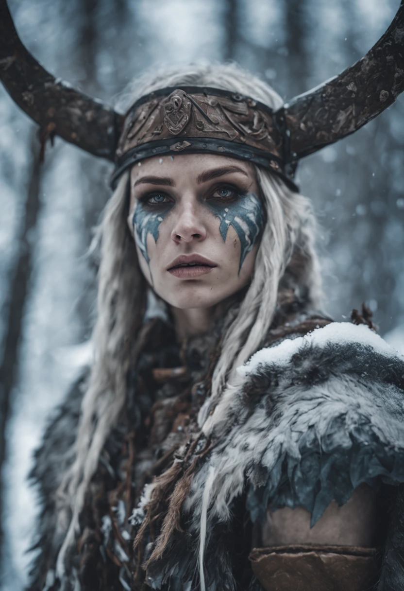A extreme close up shot of rude viking warrior woman near dead bodies, outside, in the forest, wearing warrior clothes, in the style of subtle, frozen tones,war paint aesthetic, rude motifs, i can't believe how strong and eautiful this is, snow.