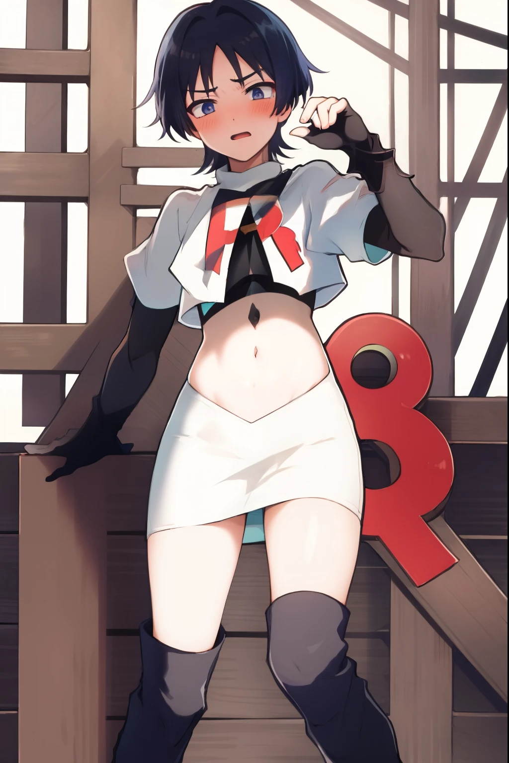 absurdres,masterpiece, trap, best quality, highres, high quality, 1boy, solo, male focus, hair, crossdressing,1boy,team rocket,team rocket uniform,white skirt,red letter R,crop top,black thigh-high boots,black elbow gloves, embarrassed, blush