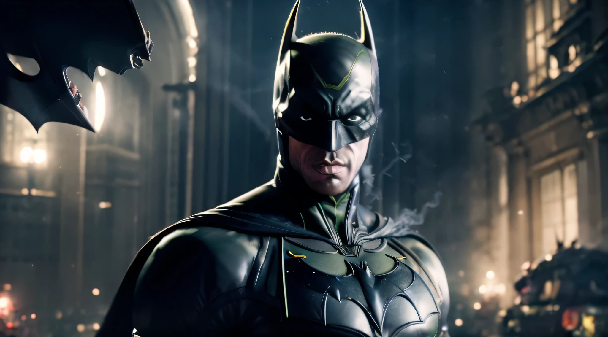 (((1 pierre-emerick aubameyang als Batman))) (highest detail fight realistxplosion,fire:1.2), (smoke:1.4), menacing stare, ricamente detalhado, Hiper realista, 3D-rendering, obra-prima, NVIDIA, RTX, ray-traced, Bokeh, Night sky with a huge and beautiful full moon, estrelas brilhando, 8k, ((cinematic light)),