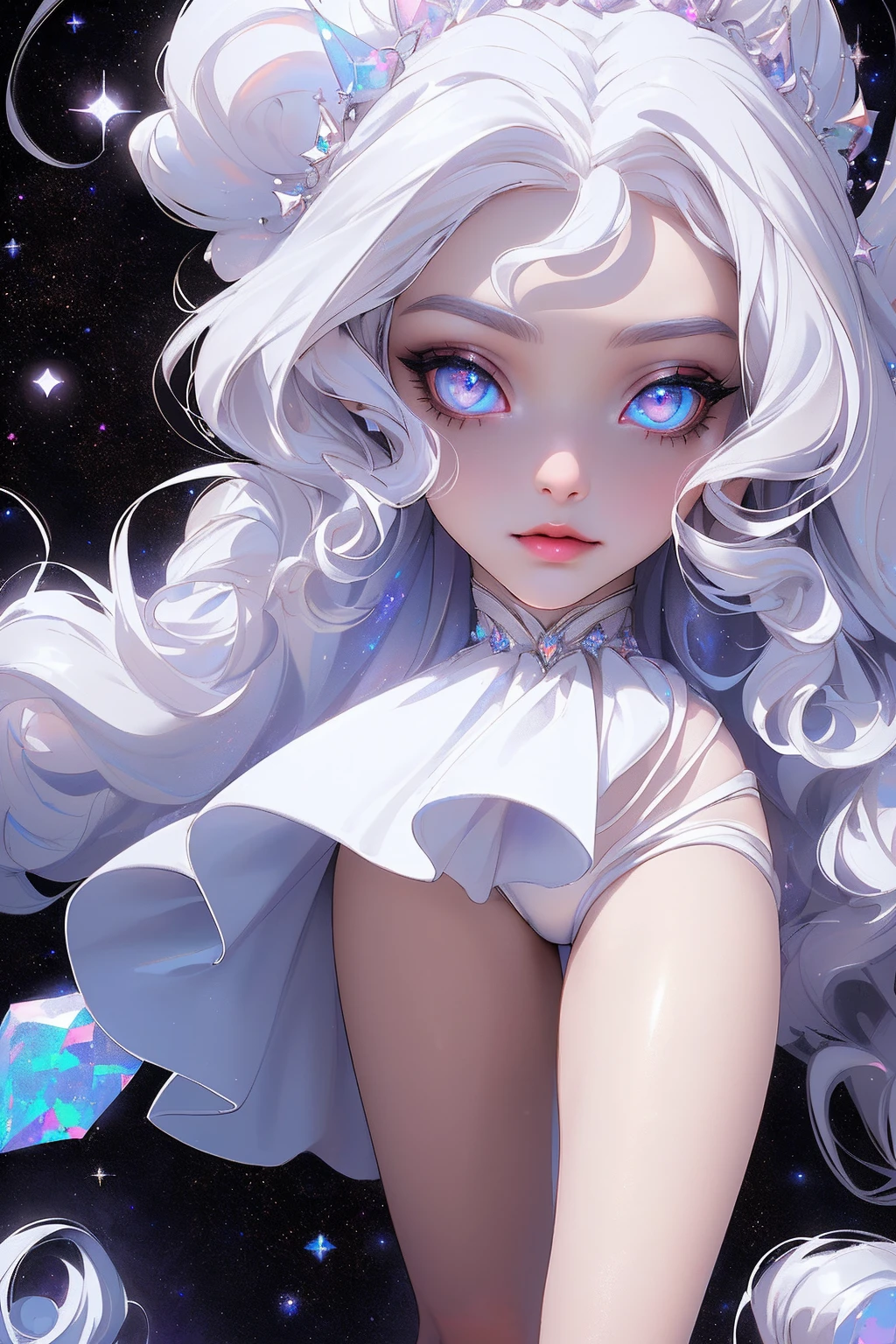{-erro_de_anatomia:1.0} masterpiece, highest quality, (perfect face:1.1, (high detail)1.1, sweet stardust vampire , long soft white hair, opal eyes, perfectly drawn face, black dress, stars detailed background, prismatic lighting, glitter, whole body, walking feet under the stars