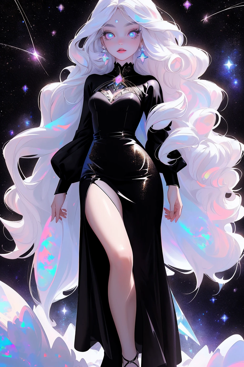{-erro_de_anatomia:1.0} masterpiece, highest quality, (perfect face:1.1, (high detail)1.1, sweet stardust vampire , long soft white hair, opal eyes, perfectly drawn face, black dress, stars detailed background, prismatic lighting, glitter, whole body, walking feet under the stars