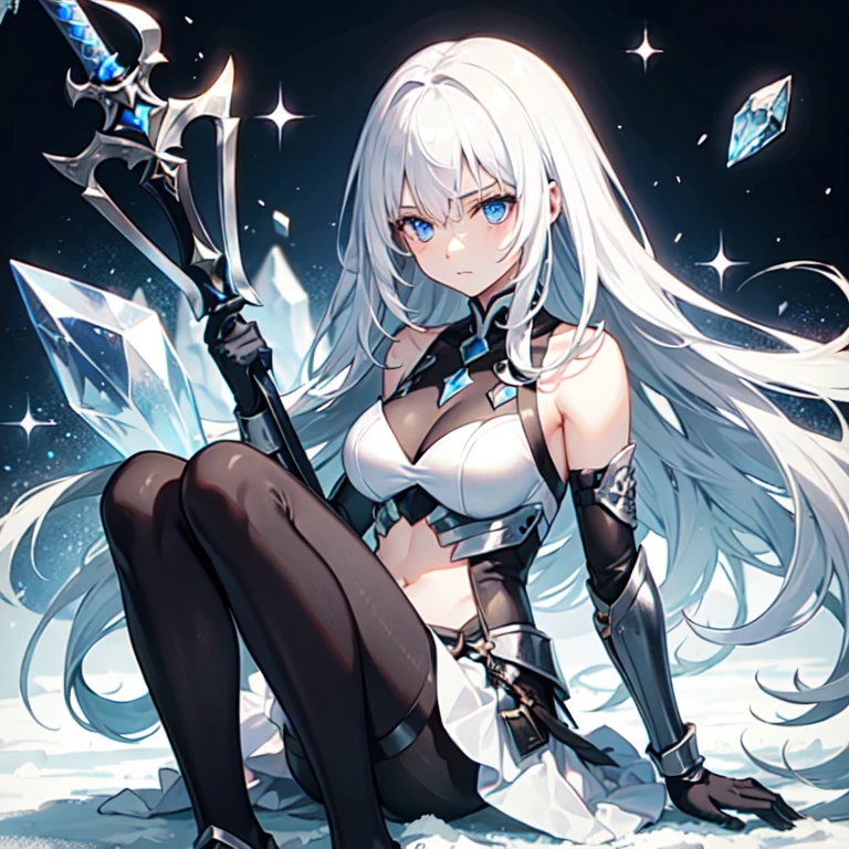 A long silver-white hair，Girl with crystal blue eyes，She wore a tights that looked like a combat suit，Places such as wrists and knees are hard-looking armor，face expressionless，There is no emotion in the eyes，Icy cold, A long black sword，A long white sword, exposed belly