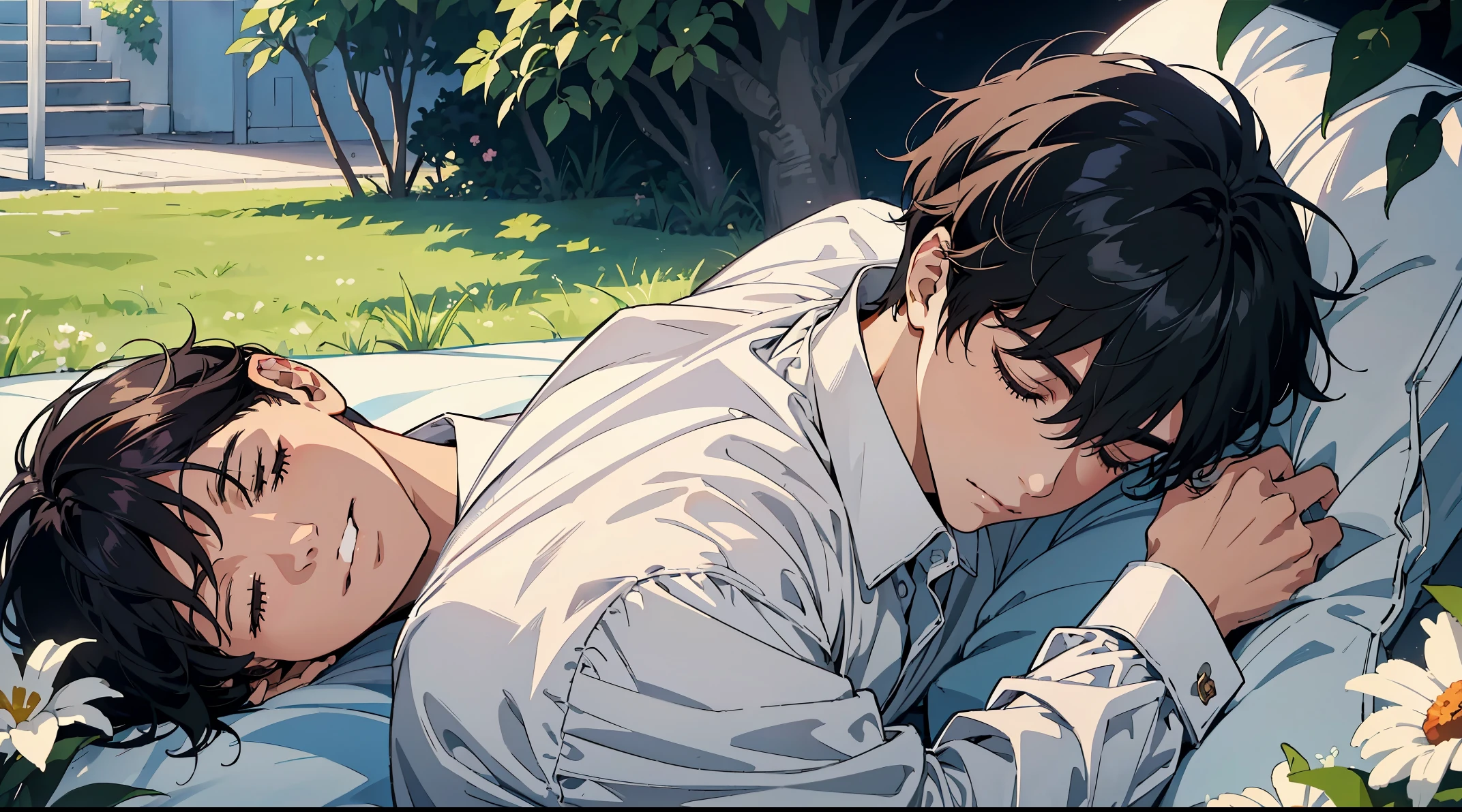 beautifull face, short dark hair, Handsome Men,white long sleeve dress shirt, the anime, 1 boy sleeping, slightly smile, Shinkai Makoto, eyes completely closed, Sunny