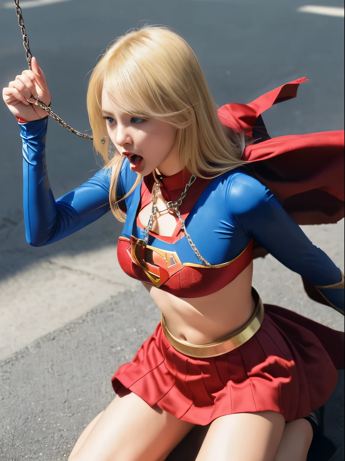 Beautuful Women，supergirl，((Frightened look))，shed tears，Praying for your life，((Torn costume))，Blonde blue-eyed，(all-fours)，crawling on hands and knees，Kneeling position，Posture with buttocks sticking out，((put out the tongue))，((Drooling))，Kamimei，(Chained collar)， Cuffed，fetters, Photorealsitic，surrealism, F/1.2, 35 mm, Fuji Film, 8K, Super Detail, nffsw, masutepiece, ccurate, Anatomically correct, Textured skin, Super Detail, high details, High quality, Best Quality, hight resolution