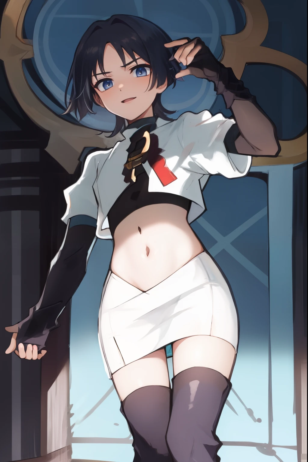 absurdres,masterpiece, trap, best quality, highres, high quality, 1boy, solo, male focus, hair, crossdressing,1boy,team rocket,team rocket uniform,white skirt,red letter R,crop top,black thigh-high boots,black elbow gloves,