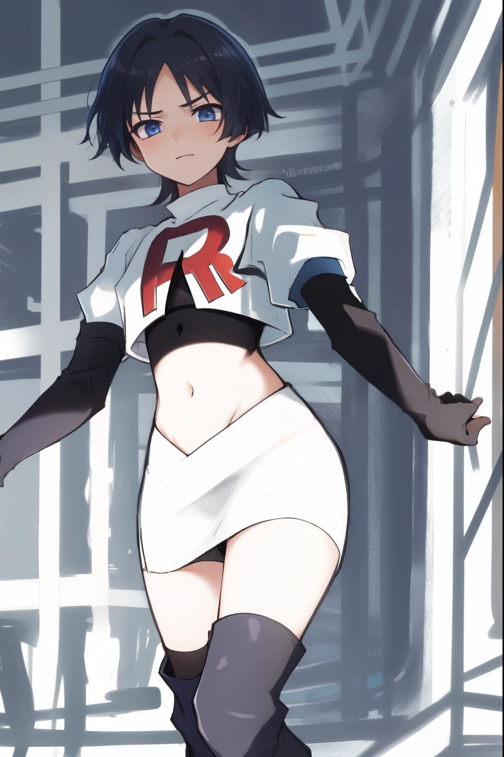 absurdres,masterpiece, trap, best quality, highres, high quality, 1boy, solo, male focus, hair, crossdressing,1boy,team rocket,team rocket uniform,white skirt,red letter R,crop top,black thigh-high boots,black elbow gloves,