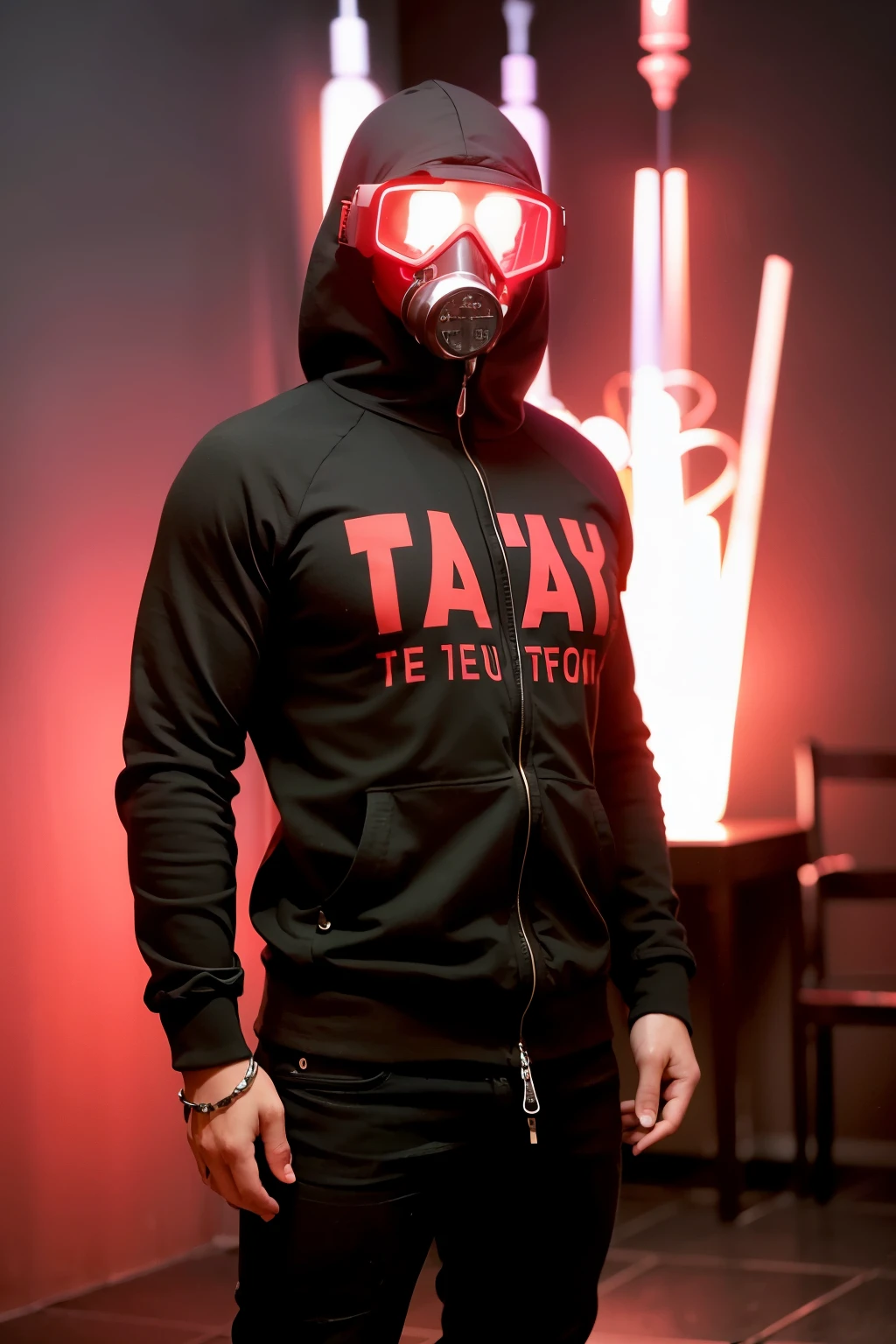 strong man athletic hood and gas mask (smartphone) (square sunglasses), preto metalizado (cabelo curto), expression of strength, Standing, musculoso, forte, floresta para (visitas sala) with runes drawn on the walls in red color many black candles telling the time on futuristic clock holding smartphone mushrooms and toadstools floating dark moon LEDs dark night, alto contraste, roupa preta logos cinza (Arabic letters) magia flutuando fractais magia vapores flutuantes vagalumes noite fogueira