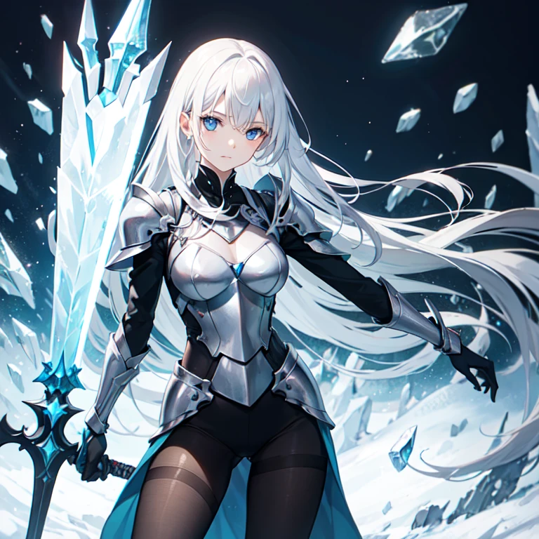 A long silver-white hair,Girl with crystal blue eyes,She wore a tights that looked like a combat suit,Places such as wrists and knees are hard-looking armor,face expressionless,There is no emotion in the eyes,Icy cold, A long black sword,A long white sword, exposed belly
