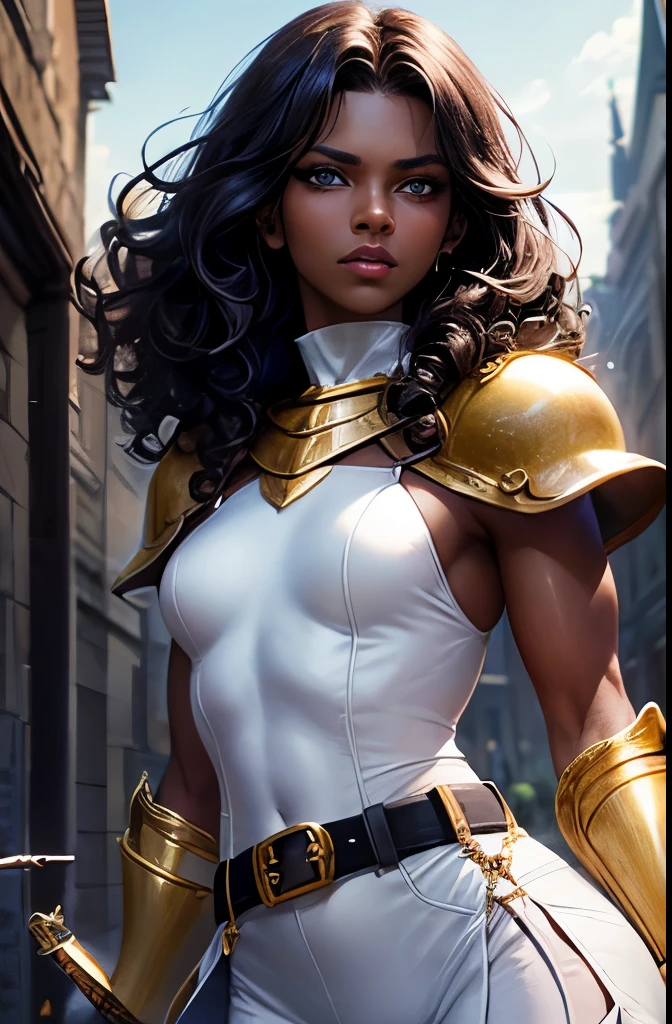 (best quality, masterpiece:1.2), ((perfect face)), mature woman, detailed hair, detailed eyes, detailed lips, blue eyes, dark hair, (dark skin, darkskin), curly hair, (glowing eyes), small mouth, (small breasts), [abs:0.4], upperbody, looking at viewer, glare, sword weapon, realistic colors, studio lighting, medieval city market, (gold armor, white pants, white cape, belt)