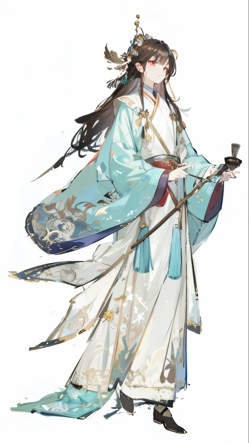 tmasterpiece，best quality，1 young person，18yr old，Handsome， ancient Chinese costume， Stand and draw the whole body，Light brown hair，Rose red eyes，white  clothes,(Hanfu, Ming style) rays of sunshine， Clear face， Clean white background， tmasterpiece， super detailing， Epic work， hyper HD， hyper qualit， The is very detailed， offcial art， Unity8k wallpapers， super detailing， 32K